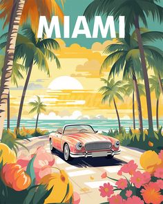 Diamond Painting - Travel  Poster Miami Sunset Miami Poster, Miami Sunset, World Famous Paintings, Paintings Famous, Space Poster, Miami Art, Acrylic Painting Techniques, Pop Art Painting, Linen Canvas