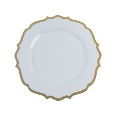 a white plate with gold trimmings on the rim and bottom, against a white background