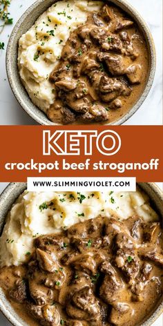 keto crockpot beef stroganoff with mashed potatoes in a bowl