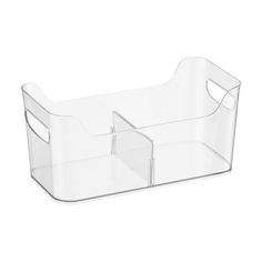 a clear plastic bin with two compartments on the bottom and one section open to show it's contents