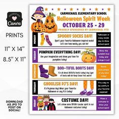 halloween spirit week flyer Halloween Theme Spirit Week, Theme Week Ideas For Work, Halloween Spirt Week Ideas School, Halloween Spirit Week Ideas For Preschool, October Spirit Week Ideas Preschool, Halloween Theme Week, Movie Spirit Week Ideas, Fall Spirit Week Ideas For Workplace, Halloween Spirit Week Ideas For Daycare