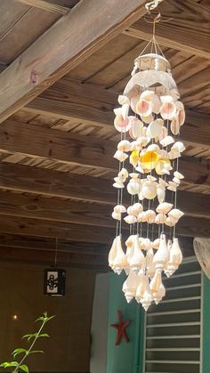 a chandelier made out of shells hanging from the ceiling