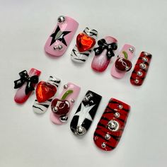 3D cherries, zebra print, star, airbrushed press on nail set Red Zebra Print Nails, Black White And Red Nails, Nail Drawing Designs, Birthday Cake Nails, Colorful Nail Ideas, Zebra Nail Art, Nail Lengths, Zebra Print Nails, Gel Colors