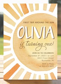 an orange and white birthday party card with the words, olna is turning one