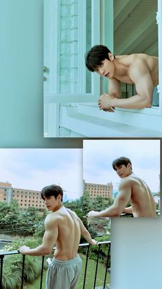 two pictures of a shirtless man standing on a balcony and looking out the window