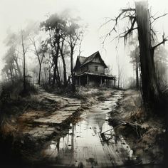 an old house in the middle of a swampy area with trees and water running through it