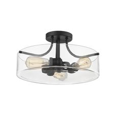 a semi flush ceiling light with clear glass and black metal trim, on an isolated white background