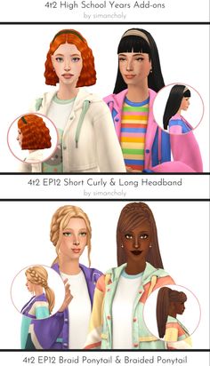 three different types of hair styles for the female character in the video game, barbie