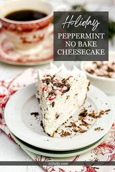 a piece of peppermint no bake cheesecake on a plate with a cup of coffee in the background