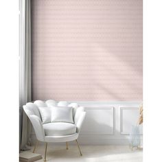 a white chair sitting in front of a window next to a wall with pink stripes on it