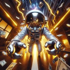 an astronaut is surrounded by money in the middle of a city with buildings and lights