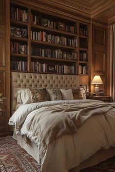 a large bed sitting in front of a book shelf filled with lots of books on top of it