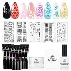 PRICES MAY VARY. Beetles Stamp Gel Set: This nail stamp polish gel kit includes nail stamping polish gel 8g*8, Nail stamping template*5, a scraper ,a liquid peel off latex tape 15ml and a short silicone stamper, which is an ideal choice for both beginners and professional nail designers. Unleash Your Creativity: 8 colors Black white pink red purple blue green yellow nail stamp gel with 5pcs different nail stamping plates including heart, fire , butterfies design for nail art. Choose your favouri Nail Stamp Kit, Heart Fire, Transparent Bottle, Liquid Latex, Yellow Nail, Nail Polish Removers, Nail Stamp, Gel Set, Nail Art Designs Diy