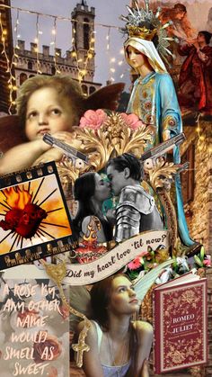 the collage has many different pictures and words on it, including an image of a woman