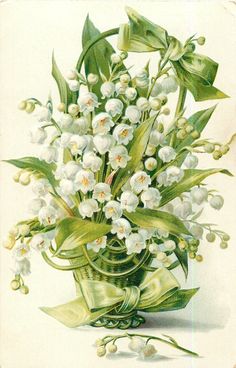 a painting of white flowers and green leaves in a glass vase with ribbon on the side