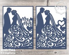 wedding cutout with the bride and groom silhouettes on top of each other, in blue