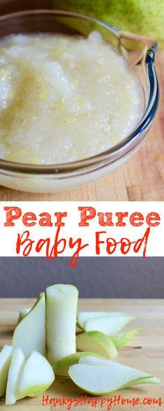 pear puree baby food in a glass bowl