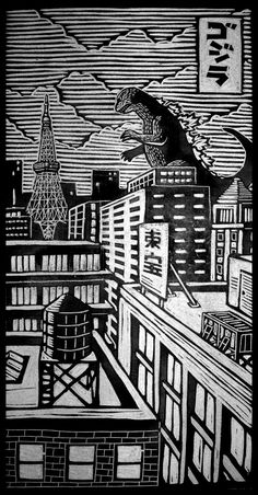 a black and white drawing of a cityscape with godzillas in the sky