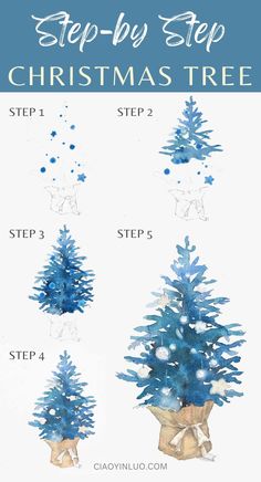 step by step instructions to decorate a christmas tree with blue paint and glitters on it