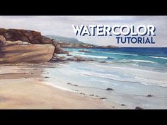 the watercolor painting is being used to create an ocean scene with rocks and sand