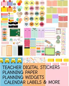 the teacher's planner stickers are shown in different colors and sizes, with text that