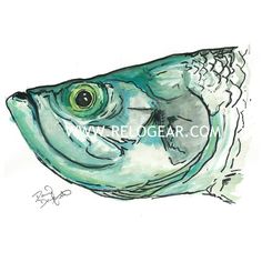 a drawing of a fish with green eyes