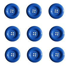 six blue buttons are arranged in rows on a white background, with one button facing the camera