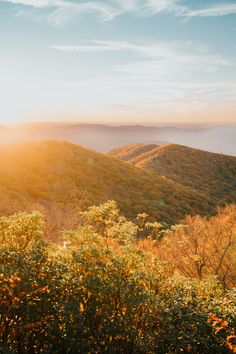 the sun shines brightly over mountains and trees in the foreground, as seen from above