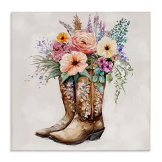 a painting of a cowboy boot with flowers in it