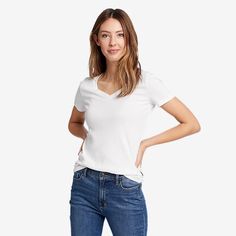 Women's Favorite Short-sleeve V-neck T-shirt | Eddie Bauer Just Chilling, Plus Size Brands, Eddie Bauer Women, On The Run, You Rock, The Run, Solid Tops, Eddie Bauer, White T