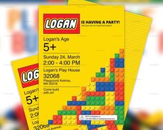 two lego birthday party flyers are stacked on top of each other