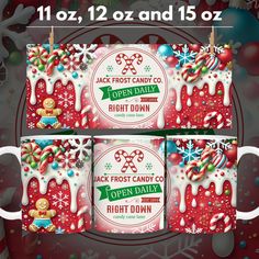 two mugs with christmas candy on them and the words jack frosted candy co