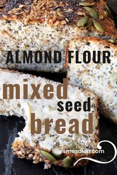 a loaf of bread with seeds on top and the words almond flour mixed seed bread