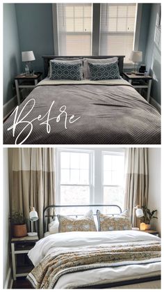 before and after photos of a bed in a bedroom with blue walls, white curtains, and brown bedspread