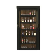 an open cabinet with liquor bottles on it