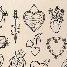 an assortment of tattoos drawn in black ink