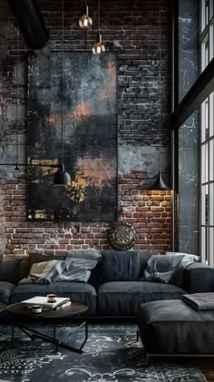 an industrial living room with brick walls and flooring, large painting on the wall