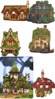 several different types of houses and trees