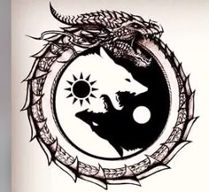 a black and white drawing of a wolf in a circle with the sun behind it