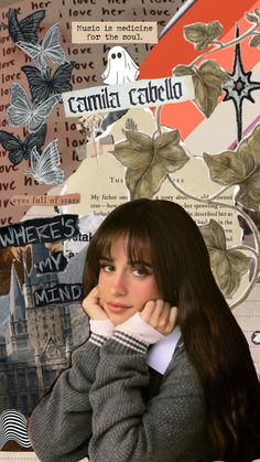 a woman with long hair is posing for the camera in front of a collage of images