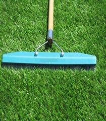 a blue rake laying on top of green grass