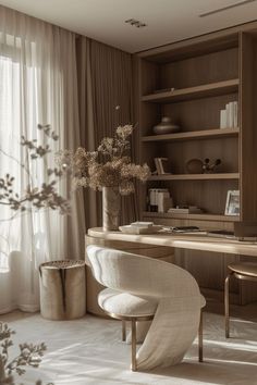 luxurious cosy japandi home office, soothing neutral tones1 Computer Space Ideas, Japandi Entrance, Japandi Office, Modern Minimal Interior, Minimal Home Office, Japandi Furniture, Chic Office Decor, Office Built Ins