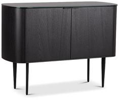 the sideboard is made from wood and has glass doors on one side, and two legs