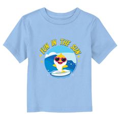 Join parents and kids alike for the viral children's chant that originated as a campfire song with officially licensed apparel for the whole family from the popular YouTube song, Baby Shark! This Toddlers' Baby Shark Fun in the Sun T-Shirt features a graphic of Baby Shark surfing a wave while wearing heart-shaped sunglasses and the text: "Fun in the Sun" across the front. Grab some new Baby Shark apparel today and sing along to all your favorite songs in style! Funny Blue Tops For Playtime, Blue Pre-shrunk T-shirt For Playtime, Pre-shrunk Blue T-shirt For Playtime, Shark Apparel, Campfire Song, Campfire Songs, Youtube Songs, Shaped Sunglasses, Heart Shaped Sunglasses