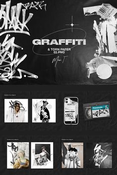 an advertisement for graffit is shown in black and white, with various images on it