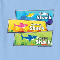 three baby shark t - shirts with the words mommy shark, daddy shark and baby shark