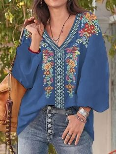 Blue Casual Graphic Tops V-neck Long Sleeve Floral Printed Blouse Cotton Casual Pants, White Short Sleeve Blouse, Over 60 Fashion, 60 Fashion, Unique Shirt, Graphic Tops, Solid Color Shirt, Casual Tops For Women, Blue Outfit