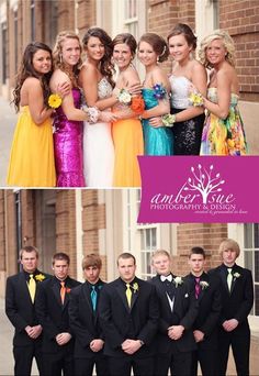 a group of people standing next to each other in front of a brick building and wearing formal wear