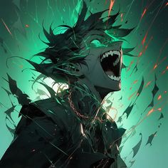 an anime character with his mouth open and teeth out, surrounded by green lights in the background