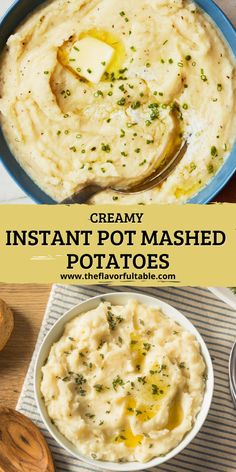 creamy instant pot mashed potatoes in a blue bowl